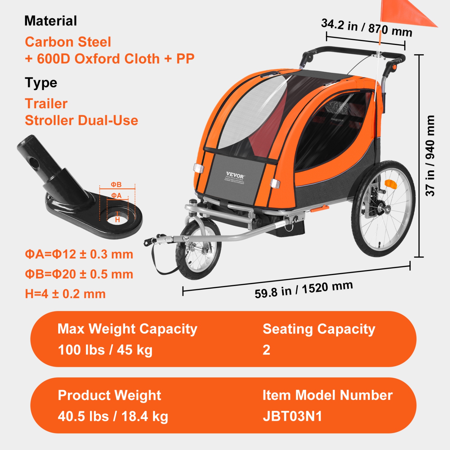 VEVOR 100 lbs Load Bike Trailer for Toddlers, Kids, Double Seat, 2-In-1 Canopy Carrier Converts to Stroller, Tow Behind Foldable Child Bicycle