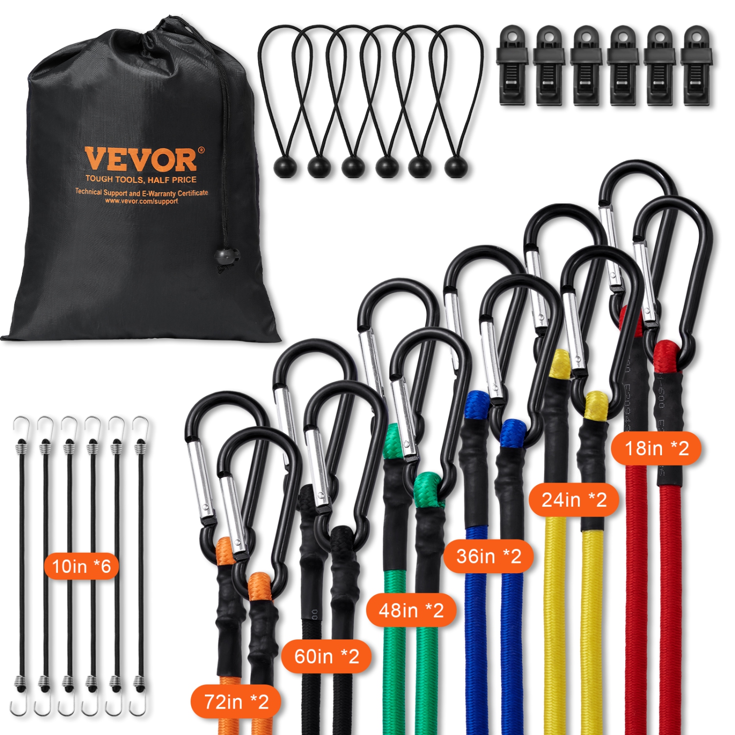 VEVOR 30 Piece Bungee Cords Assortment, 8 mm Heavy Duty Bungee Straps with A3 Steel Carabiners, Includes 10", 18", 24", 36", 48", 60", 72", Portable