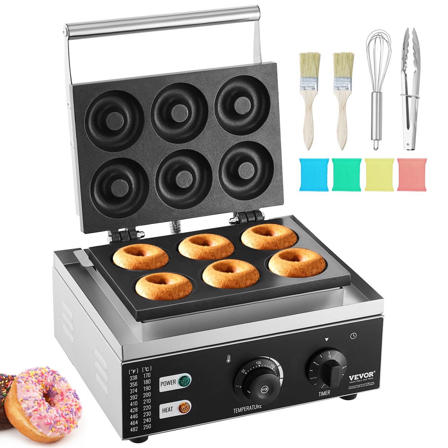 VEVOR 1550W Electric Donut Maker, Commercial Doughnut Machine with Non-stick Surface, 6 Holes Double-Sided Heating Waffle Machine Makes 6 Doughnuts,