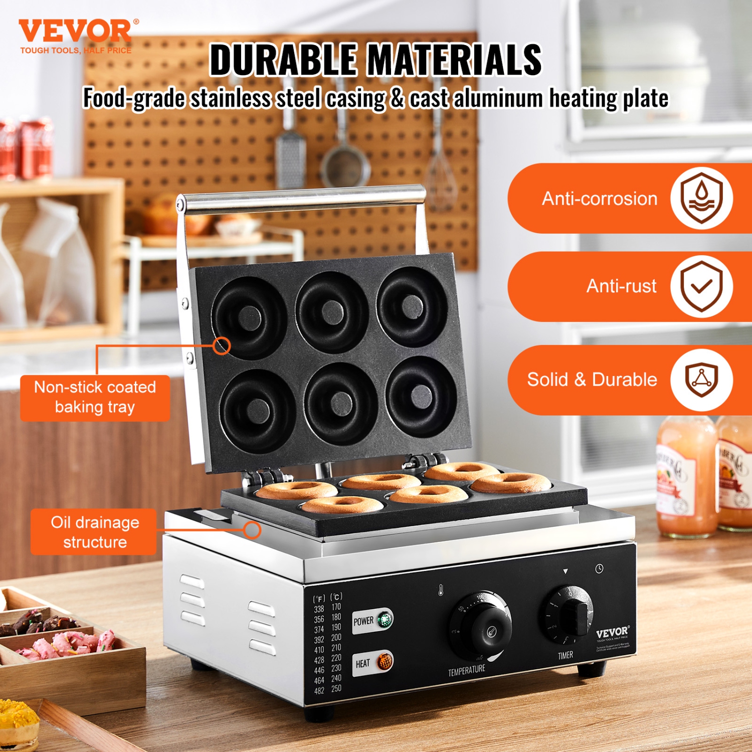 VEVOR 1550W Electric Donut Maker, Commercial Doughnut Machine with Non-stick Surface, 6 Holes Double-Sided Heating Waffle Machine Makes 6 Doughnuts,