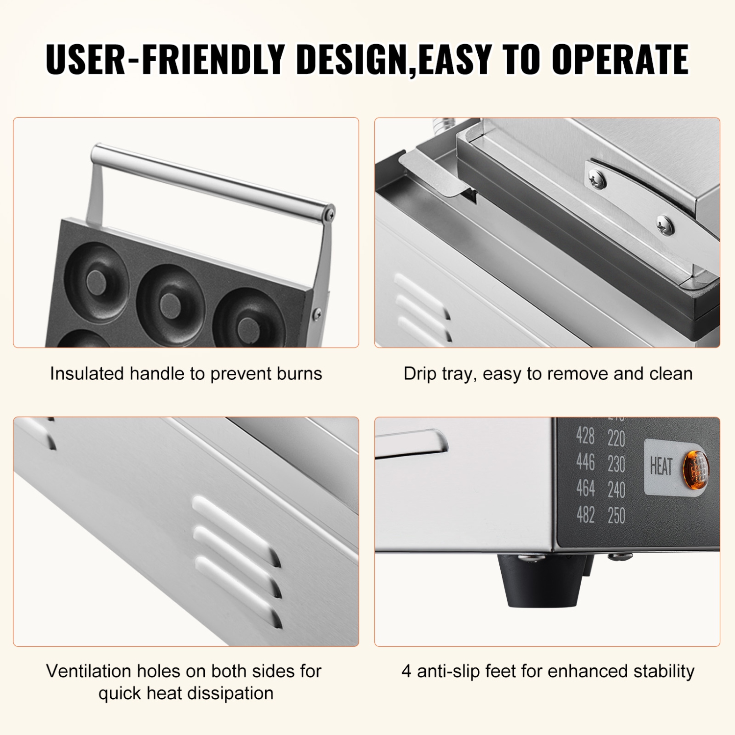 VEVOR 1550W Electric Donut Maker, Commercial Doughnut Machine with Non-stick Surface, 6 Holes Double-Sided Heating Waffle Machine Makes 6 Doughnuts,