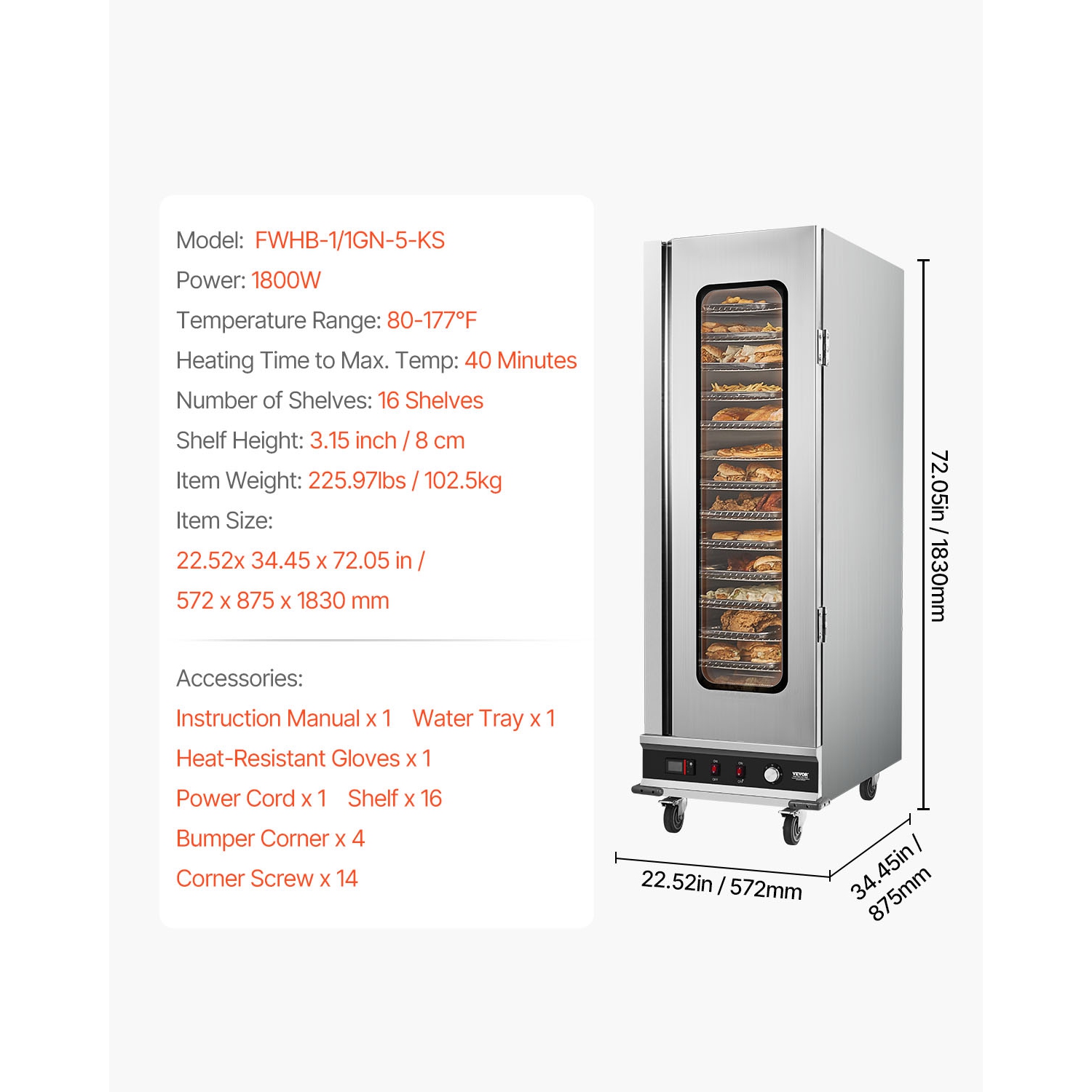 VEVOR 16-Tier Hot Box Food Warmer, with Water Tray, Glass Single-door and Adjustable Shelves, Stainless Steel Food Warmer Cabinet, Ideal for Storing