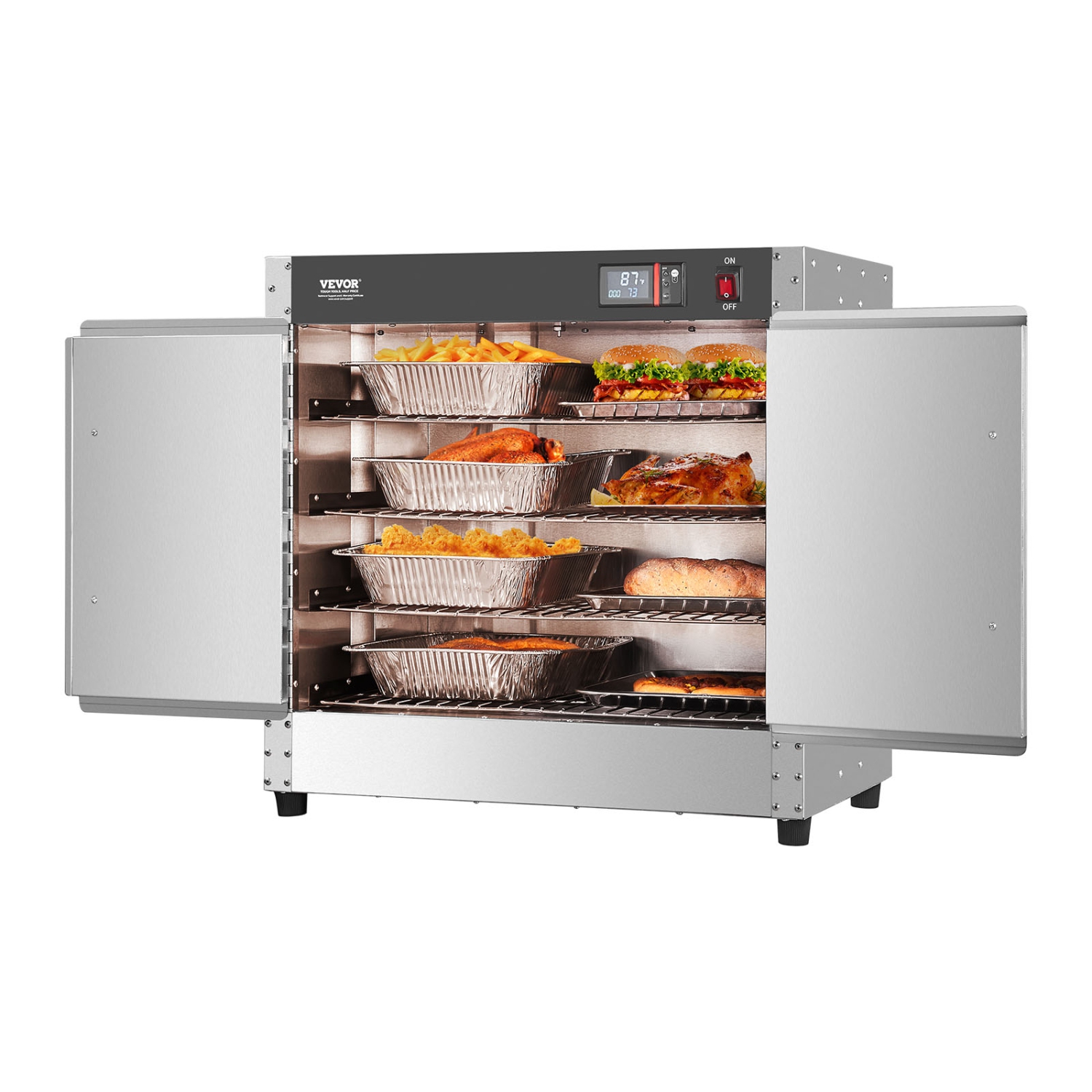 VEVOR 4-Tier Hot Box Food Warmer, with Water Tray, 4 Pans, Double-door and Adjustable Shelves, Stainless Steel Food Warmer Cabinet, Ideal for Storing