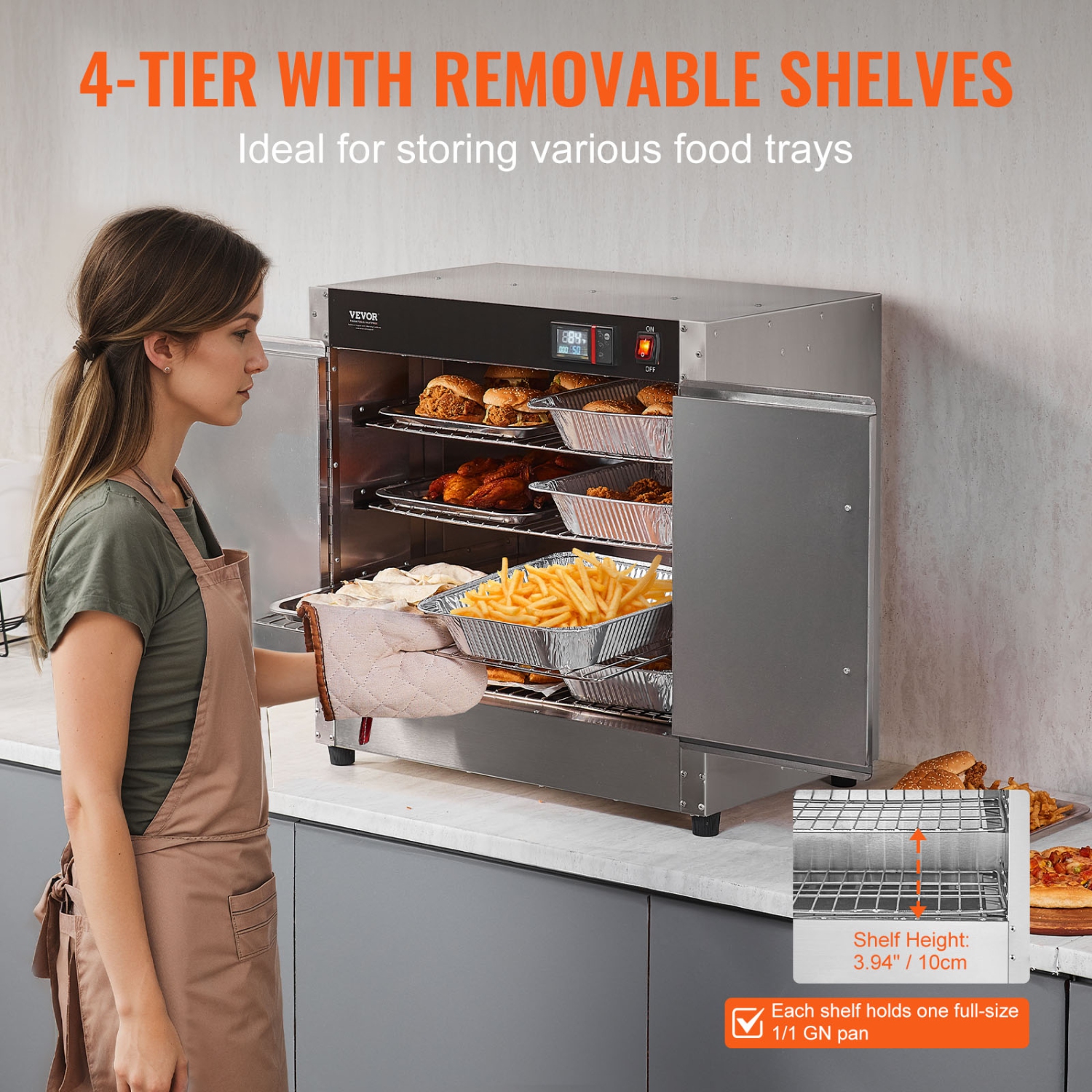 VEVOR 4-Tier Hot Box Food Warmer, with Water Tray, 4 Pans, Double-door and Adjustable Shelves, Stainless Steel Food Warmer Cabinet, Ideal for Storing