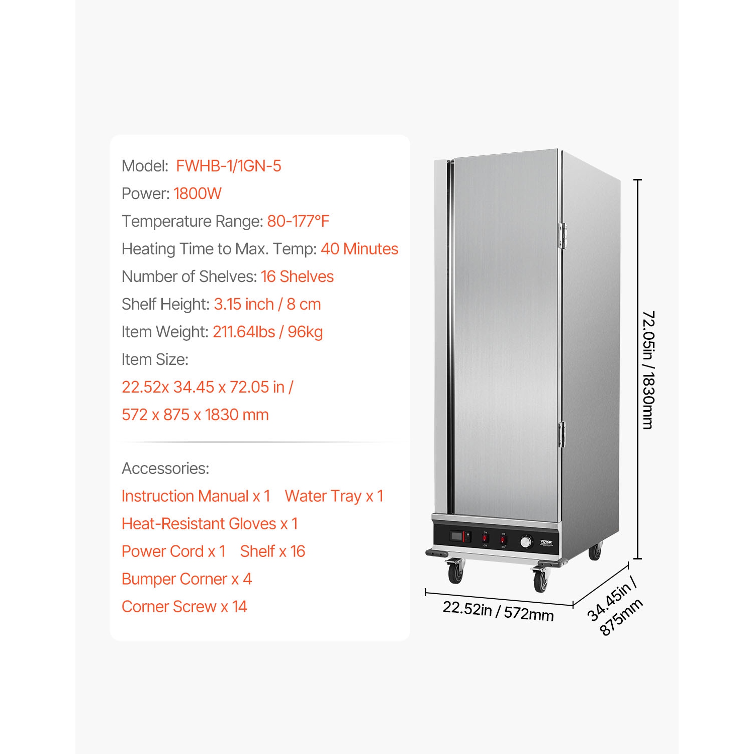 VEVOR 16-Tier Hot Box Food Warmer, with Water Tray, Single-door and Adjustable Shelves, Stainless Steel Food Warmer Cabinet, Ideal for Storing Pizza,
