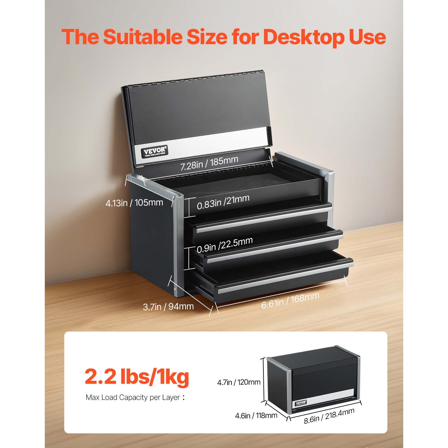 VEVOR 8.6-inch Portable Metal Tool Box, with 3 Drawers, Small Tool Chest with EVA Liners and PP Feet Pads, Heavy-Duty Steel With Ball Bearing Opening