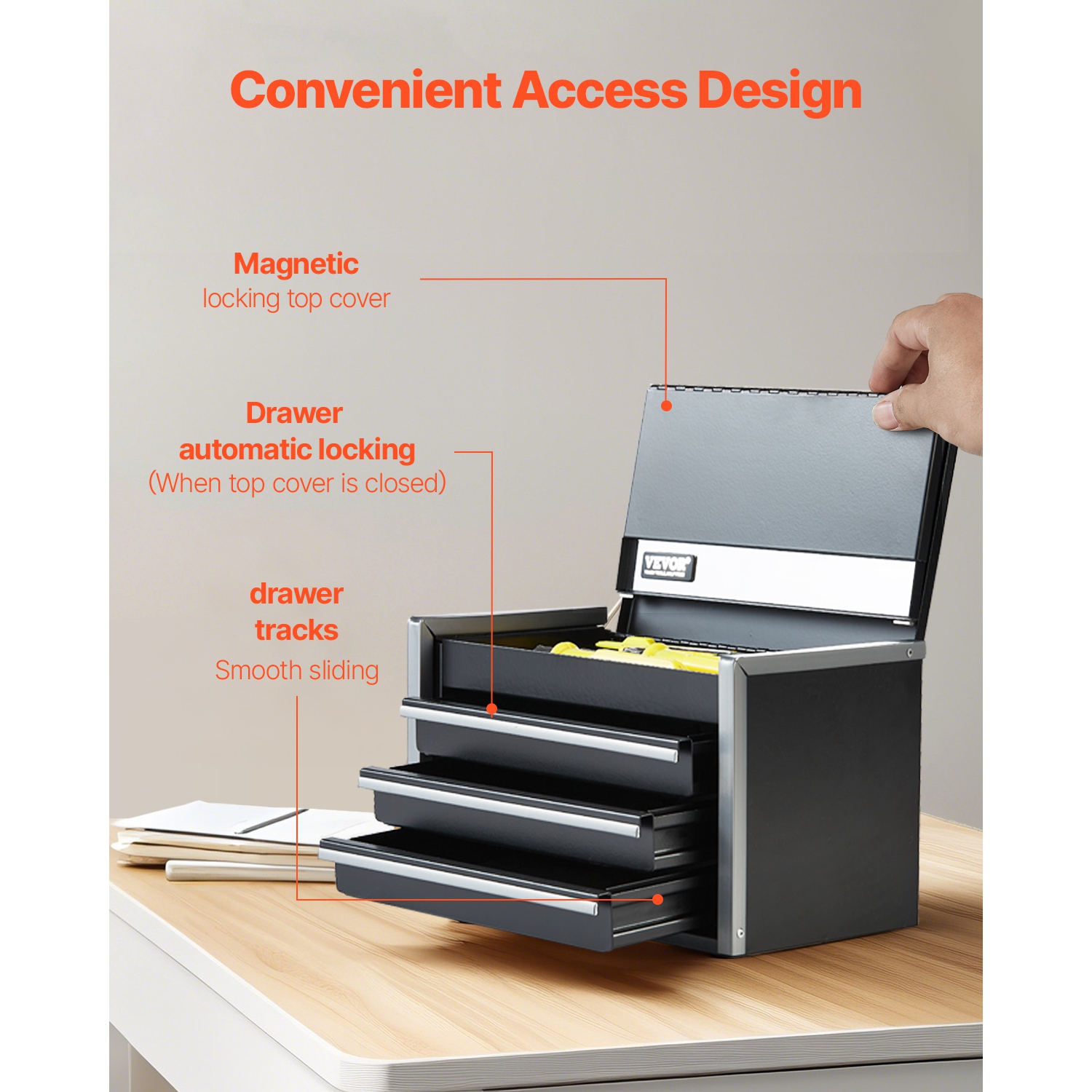 VEVOR 8.6-inch Portable Metal Tool Box, with 3 Drawers, Small Tool Chest with EVA Liners and PP Feet Pads, Heavy-Duty Steel With Ball Bearing Opening