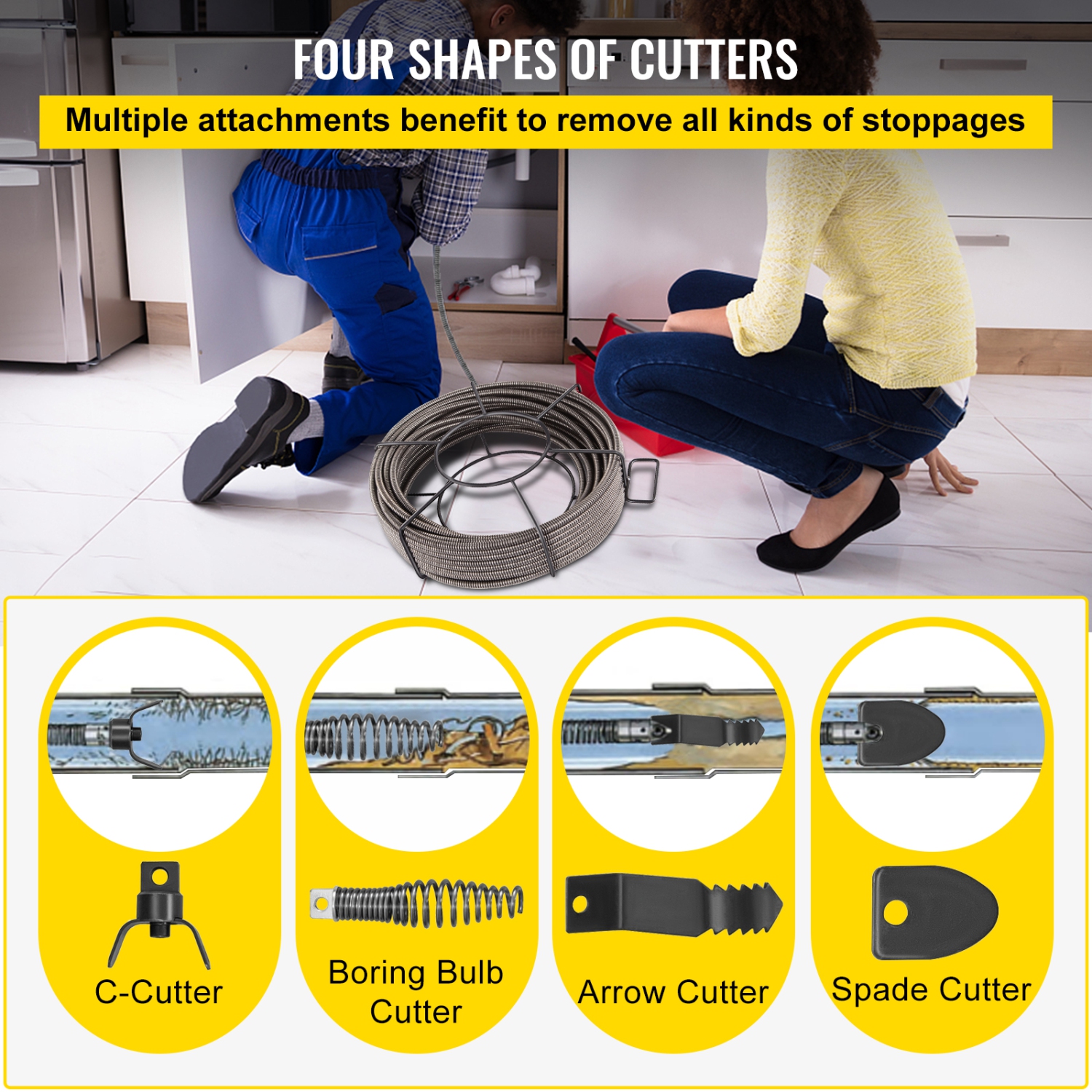 VEVOR 100 Feet x 1/2 Inch Drain Cleaning Cable Solid Core Cable Sewer Cable Drain Auger Cable Cleaner Snake Clog Pipe Drain Cleaning Cable Sewer