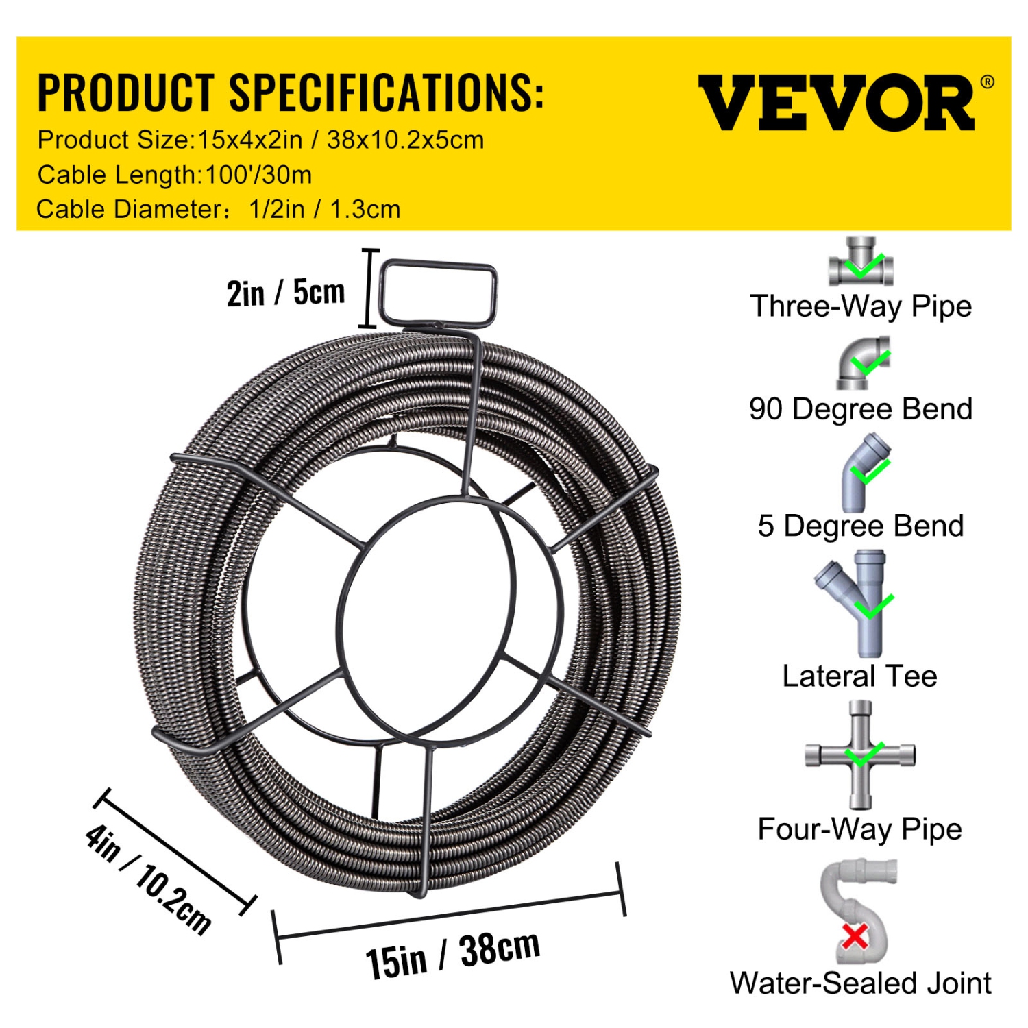VEVOR 100 Feet x 1/2 Inch Drain Cleaning Cable Solid Core Cable Sewer Cable Drain Auger Cable Cleaner Snake Clog Pipe Drain Cleaning Cable Sewer