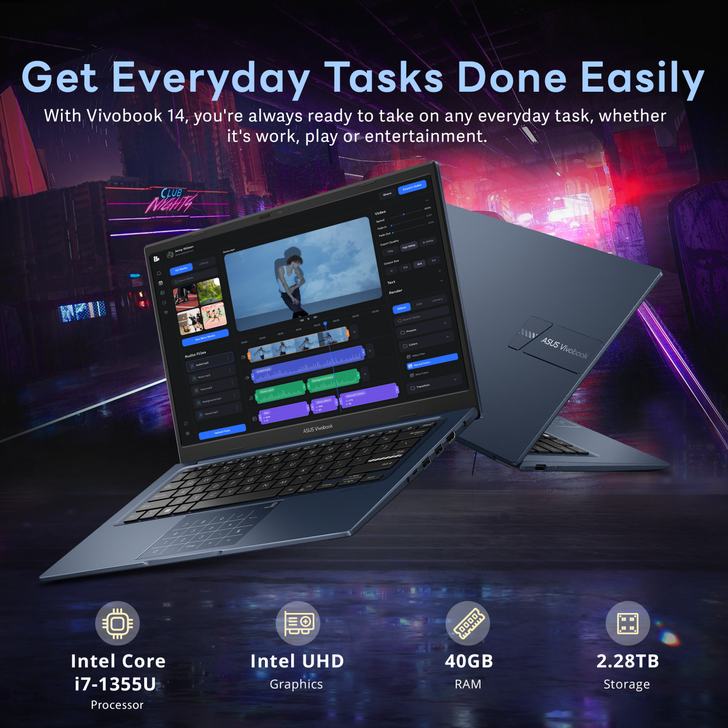 ASUS Vivobook 14" FHD Business Laptop, Intel i7-1355U,2.28TB Storage(2TB SSD+288GB Docking Station Set), 40GB RAM, Intel UHD Graphics, Number Pad,
