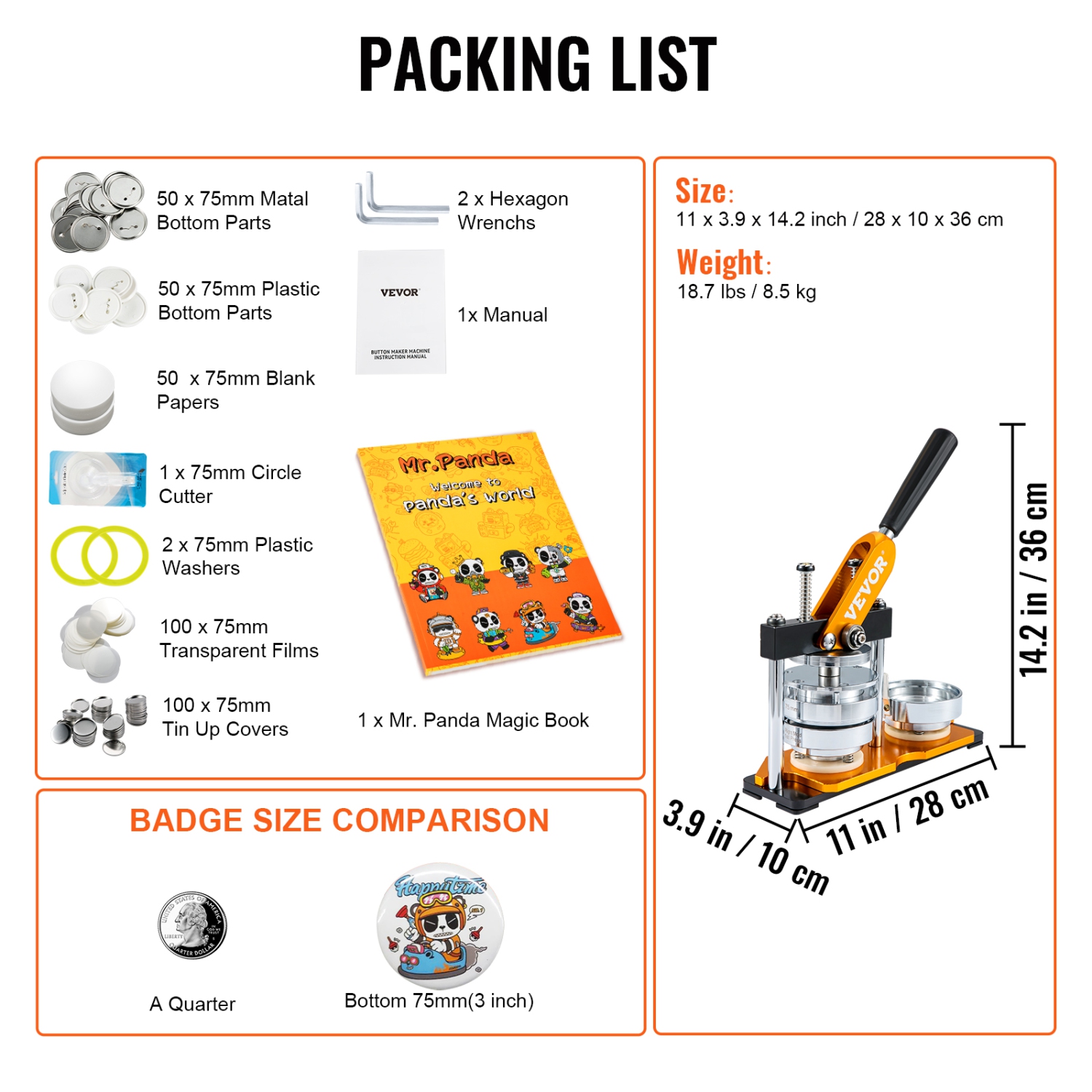 VEVOR 75 mm Button Maker Machine, Badge Punch Press Kit, Children DIY Gifts Pin Maker, Button Making Supplies with 500pcs Button Parts & Circle