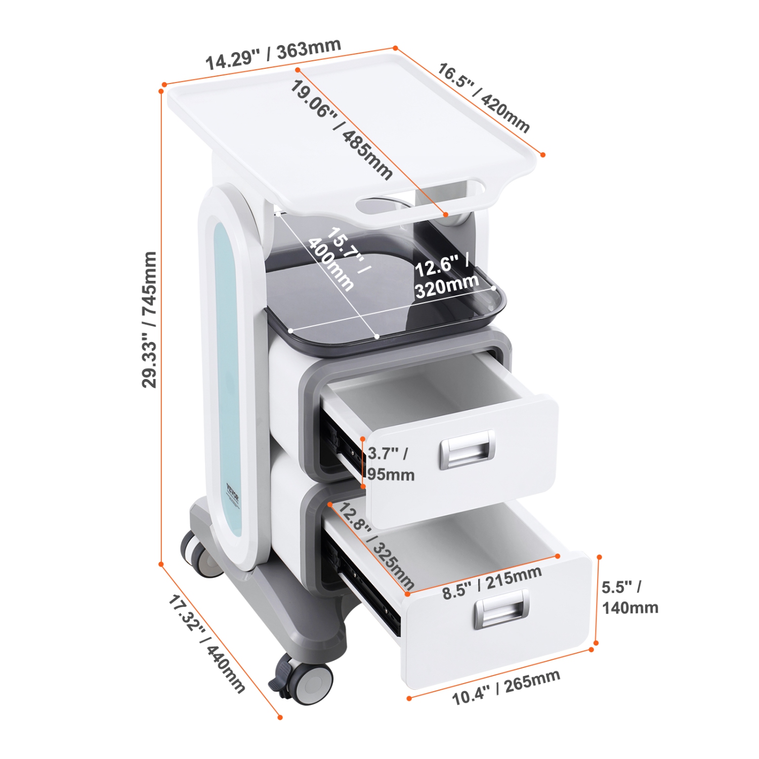 VEVOR 3 Tiers Lab Carts, Lab Utility Cart with 2 Drawers & 1 Top Tray, Mobile Medical Cart with ABS Material, Lab Rolling Cart with 4 Silent Wheels