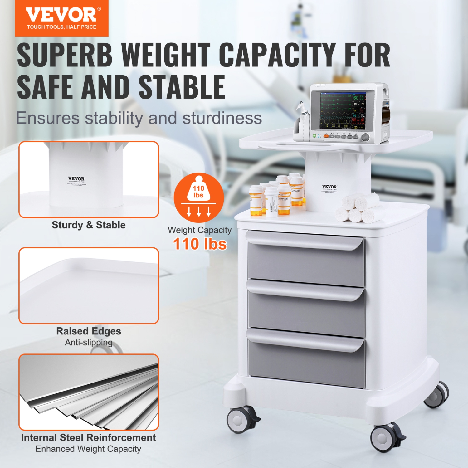 VEVOR 4 Tiers Lab Carts, Lab Utility Cart with 3 Drawers & 1 Top Tray, Mobile Medical Cart with ABS Material, Lab Rolling Cart with 4 Silent Wheels
