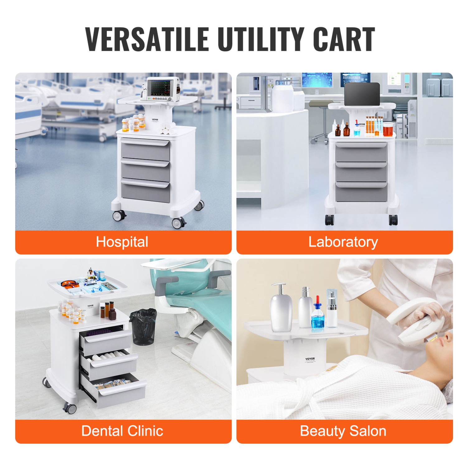 VEVOR 4 Tiers Lab Carts, Lab Utility Cart with 3 Drawers & 1 Top Tray, Mobile Medical Cart with ABS Material, Lab Rolling Cart with 4 Silent Wheels