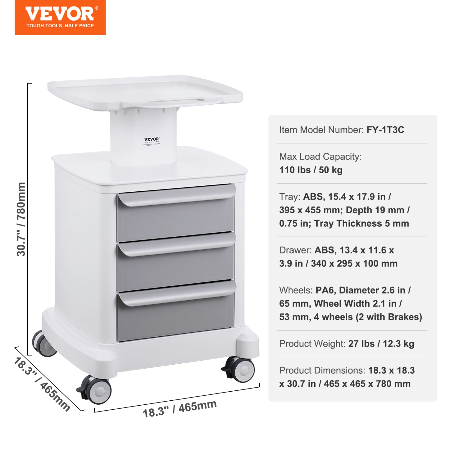 VEVOR 4 Tiers Lab Carts, Lab Utility Cart with 3 Drawers & 1 Top Tray, Mobile Medical Cart with ABS Material, Lab Rolling Cart with 4 Silent Wheels