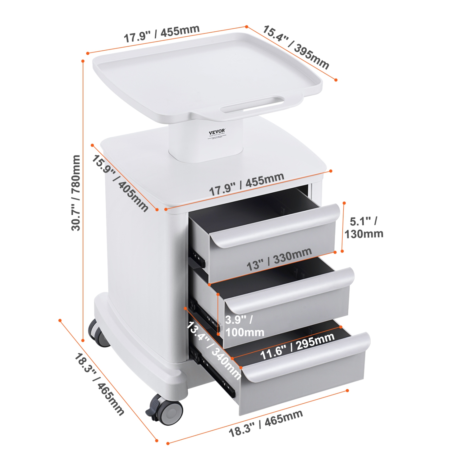 VEVOR 4 Tiers Lab Carts, Lab Utility Cart with 3 Drawers & 1 Top Tray, Mobile Medical Cart with ABS Material, Lab Rolling Cart with 4 Silent Wheels