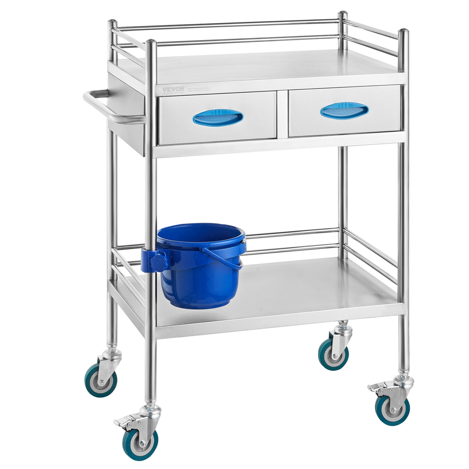 VEVOR 2 Layers Lab Serving Cart, Stainless Steel Utility Rolling Cart, Medical Cart with Two Drawers, Dental Utility Cart with Lockable Wheels and A