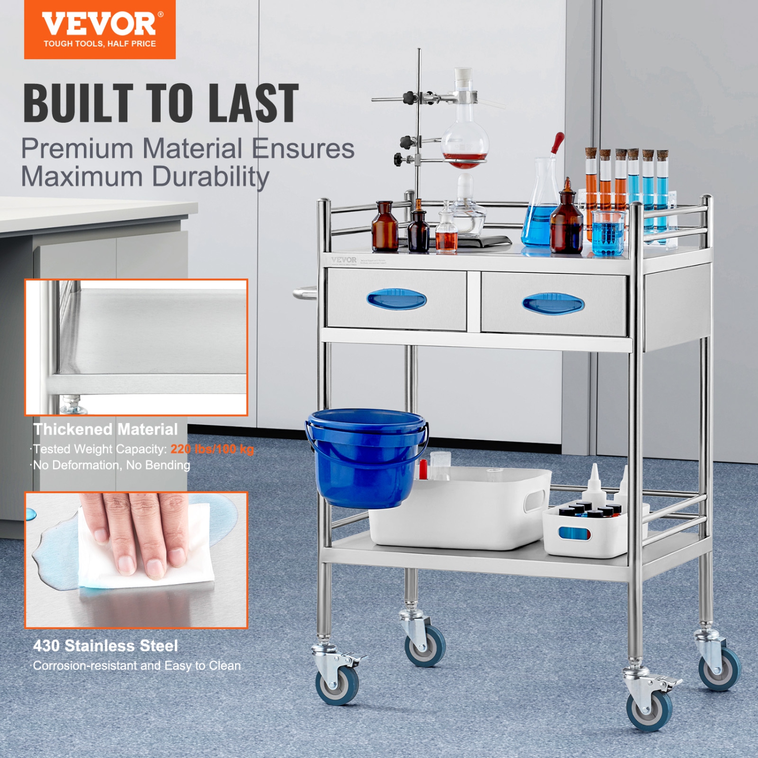 VEVOR 2 Layers Lab Serving Cart, Stainless Steel Utility Rolling Cart, Medical Cart with Two Drawers, Dental Utility Cart with Lockable Wheels and A