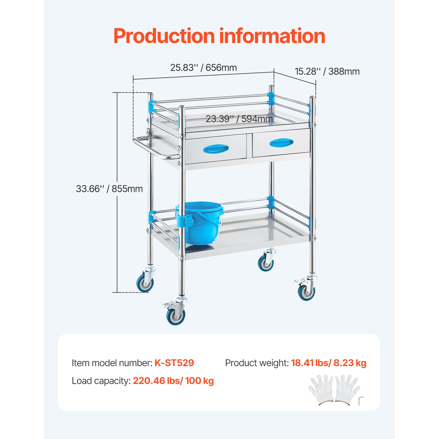 VEVOR 2 Layers Lab Serving Cart, Stainless Steel Utility Rolling Cart, Medical Cart with Two Drawers, Dental Utility Cart with Lockable Wheels and A