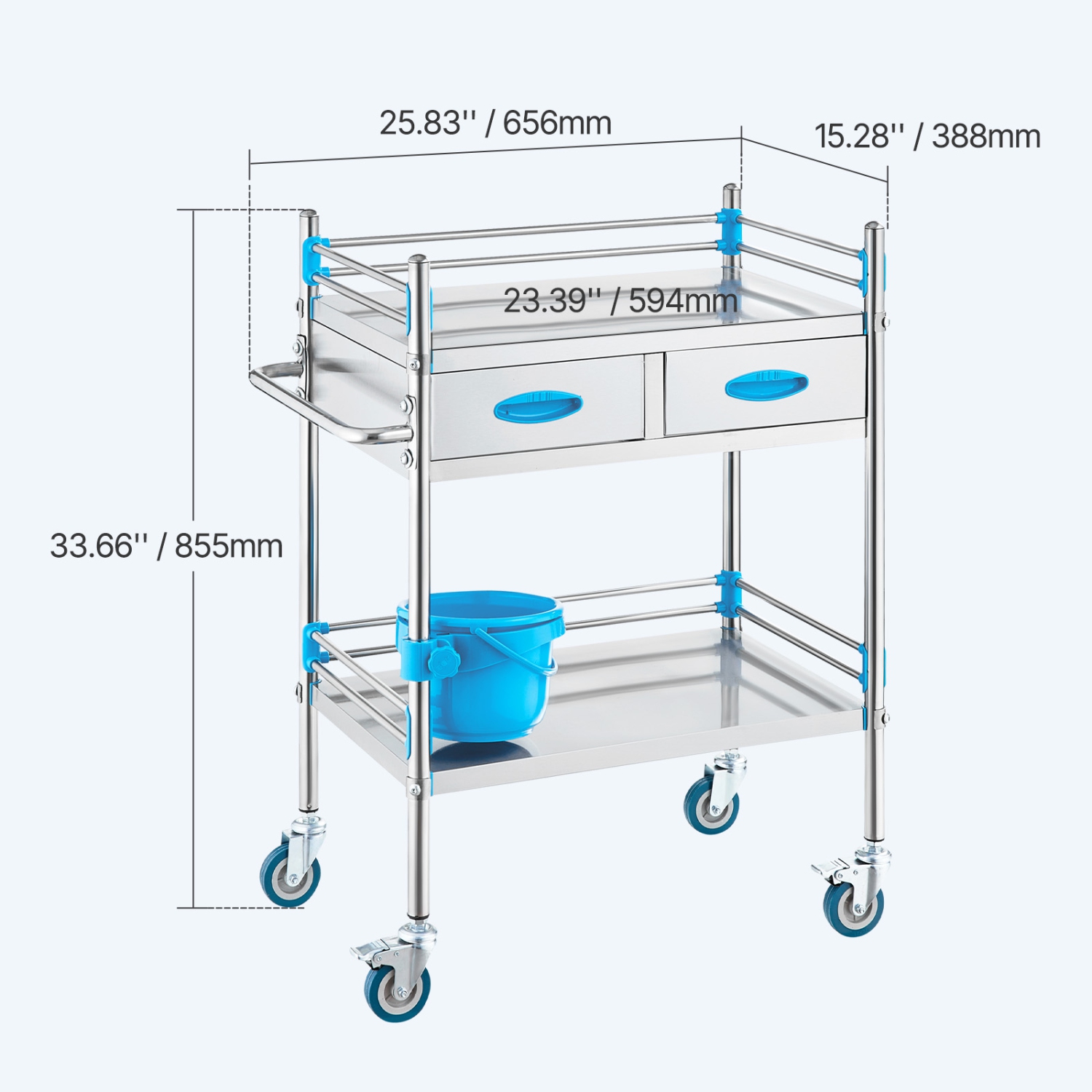 VEVOR 2 Layers Lab Serving Cart, Stainless Steel Utility Rolling Cart, Medical Cart with Two Drawers, Dental Utility Cart with Lockable Wheels and A
