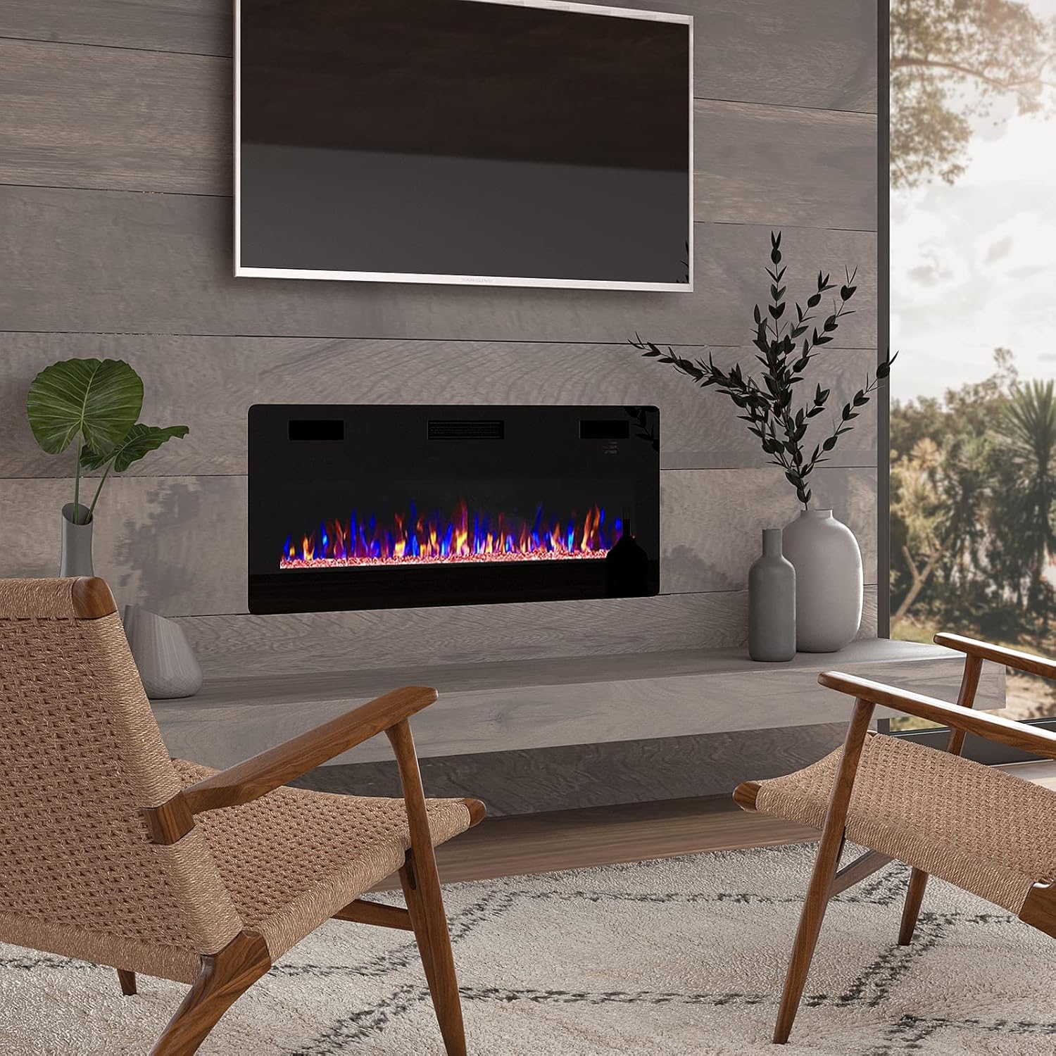 LEMBERI Ultra-Thin Recessed Electric Fireplace – Wall-mounted or in-wall, adjustable flame colors & speed, silent operation, touchscreen remote with