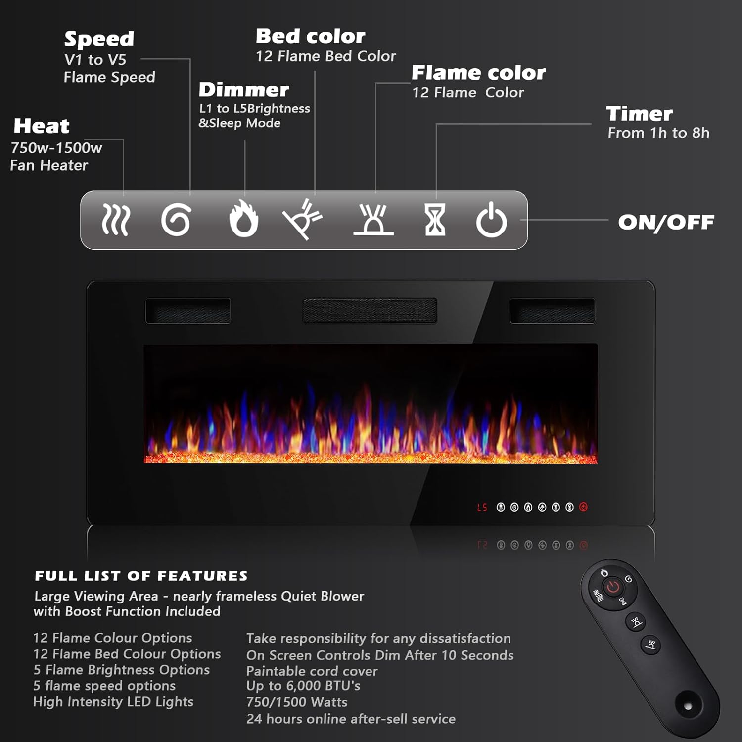 LEMBERI Ultra-Thin Recessed Electric Fireplace – Wall-mounted or in-wall, adjustable flame colors & speed, silent operation, touchscreen remote with