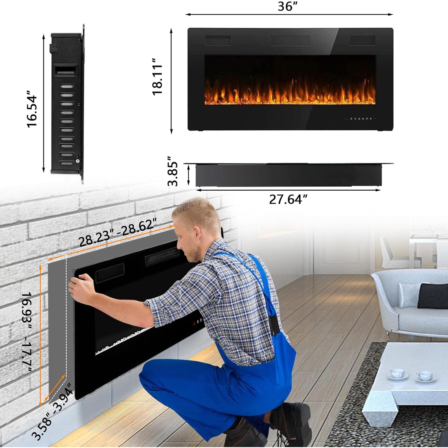 LEMBERI Ultra-Thin Recessed Electric Fireplace – Wall-mounted or in-wall, adjustable flame colors & speed, silent operation, touchscreen remote with