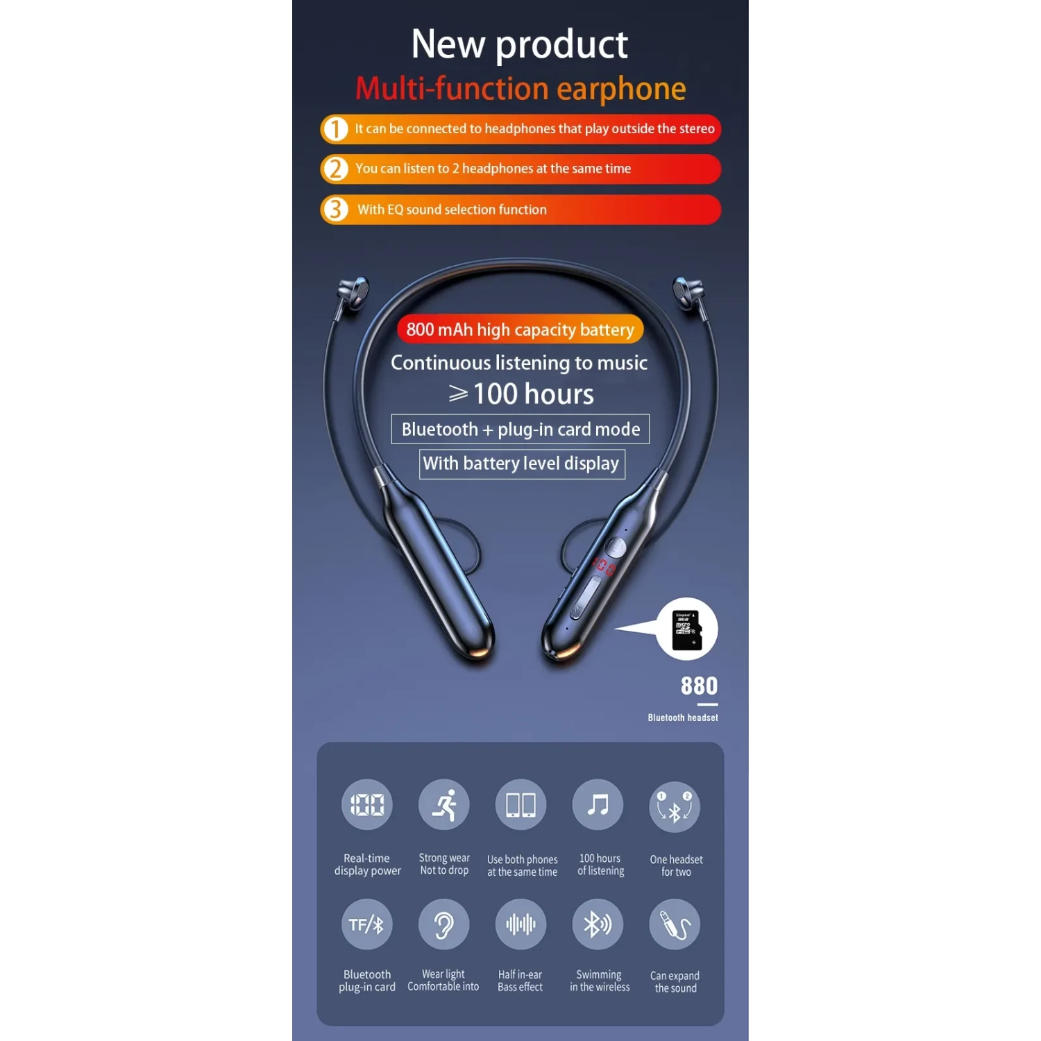 Casque d'écoute sans fil Bluetooth sport suspendu au cou, oreillette Bluetooth de retour pour karaoké en direct, casque stéréo 8D 800&nbsp;mAh