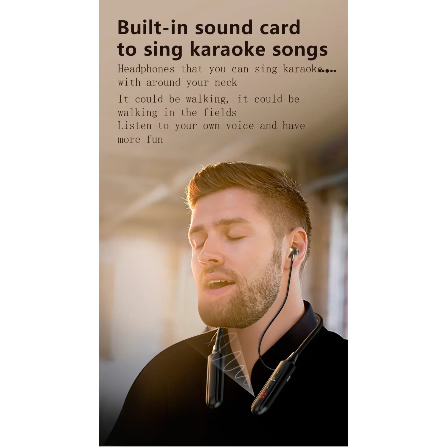 Casque d'écoute sans fil Bluetooth sport suspendu au cou, oreillette Bluetooth de retour pour karaoké en direct, casque stéréo 8D 800&nbsp;mAh