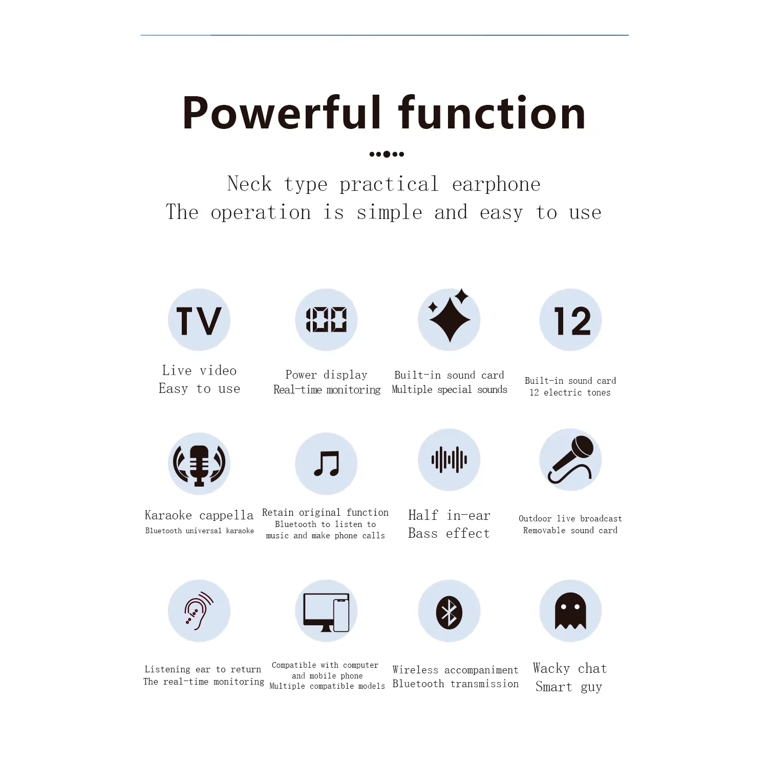 Casque d'écoute sans fil Bluetooth sport suspendu au cou, oreillette Bluetooth de retour pour karaoké en direct, casque stéréo 8D 800&nbsp;mAh