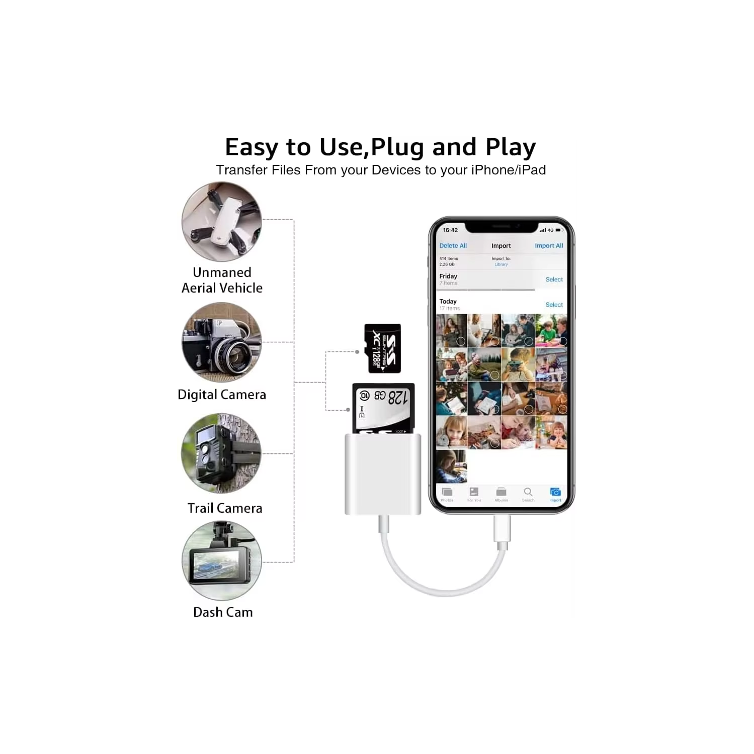 2 in 1 card reader with Type-C adapter for mobile phones, tablets, notebooks and cameras