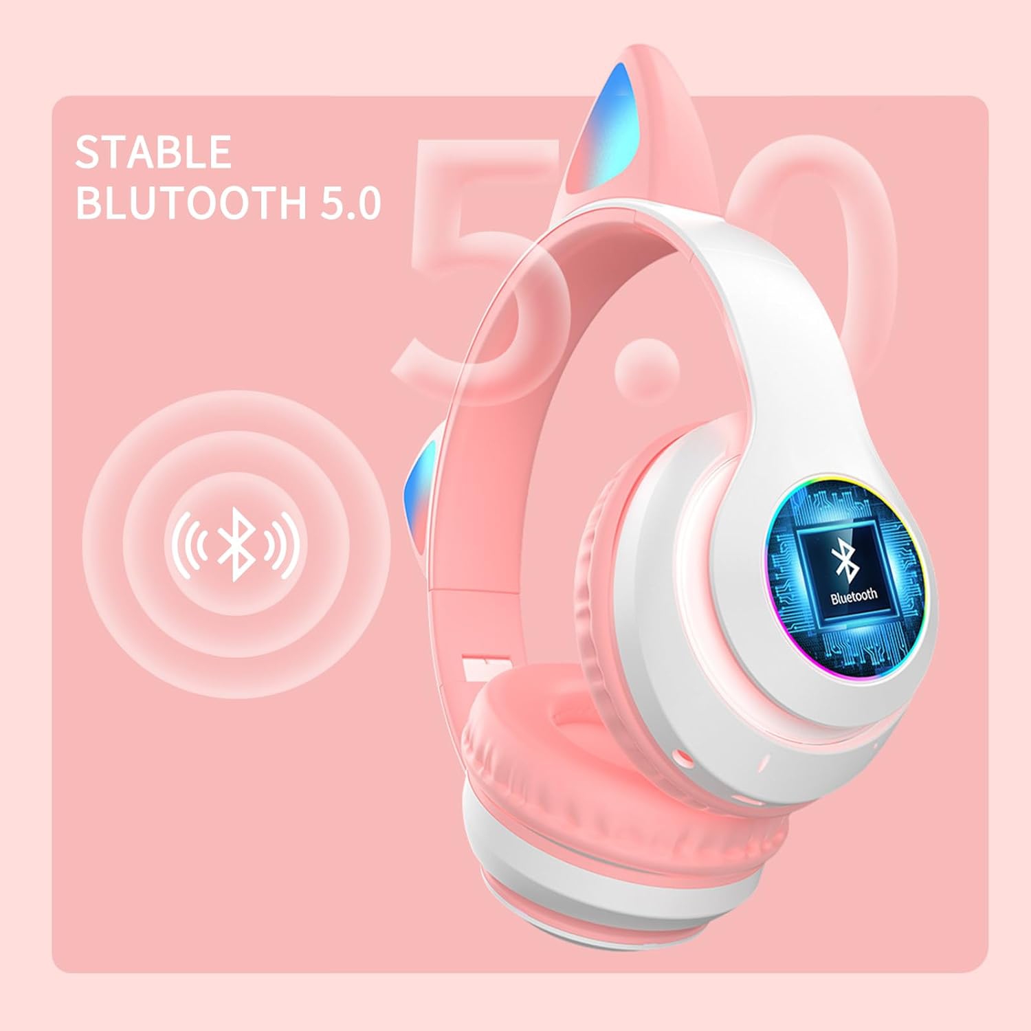 Kids Noise Cancelling Bluetooth Headphones with LED Cat Ears, Foldable Bluetooth Headphones and Microphone for Kids, School, iPad/Tablet/PC Use - Sky