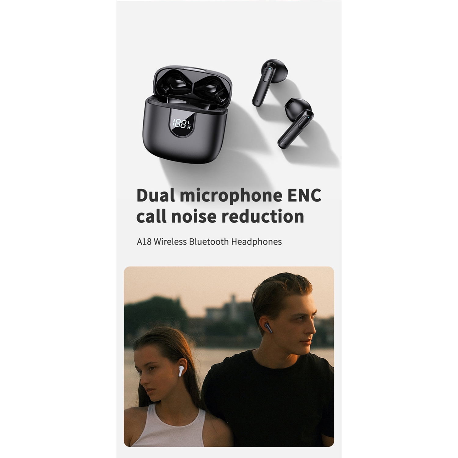 Écouteurs A18 à écran numérique à réduction du bruit, écouteurs sans fil étanches, écouteurs bouton de jeu Bluetooth haute puissance - blanc