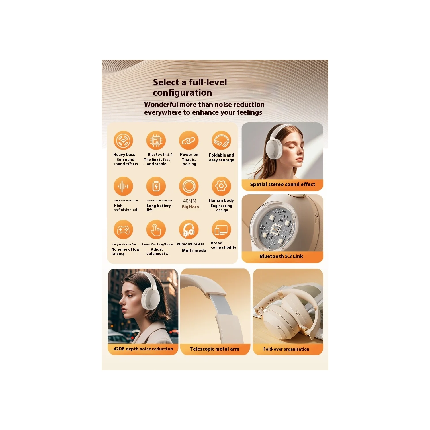 New active noise reduction Bluetooth headset, head-mounted foldable gaming phone, Bluetooth headset - Cloud Rock White