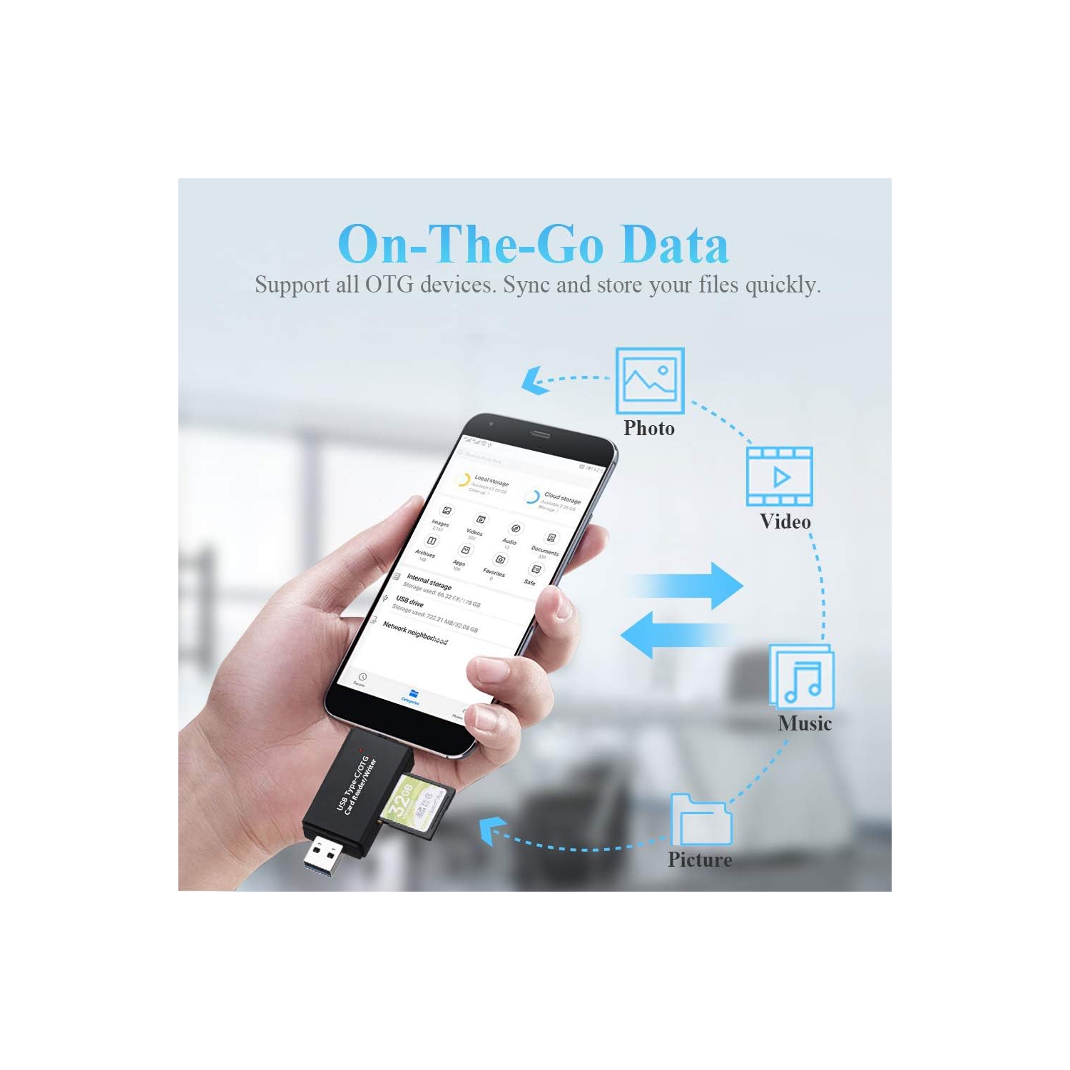 Type C card reader usb 3.0 card reader, mobile phone 4 in 1 high speed portable memory card reader - YC-330 black