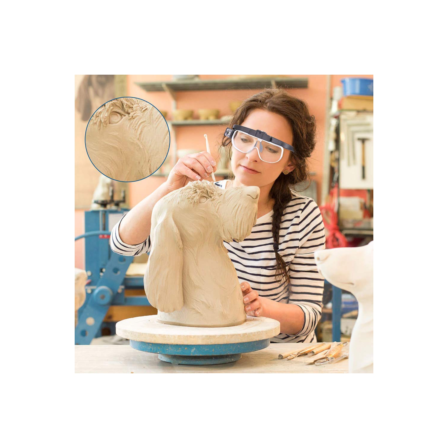 Loupe rechargeable avec serre-tête, loupe à fixation frontale avec 2 lampes LED et 3 lentilles amovibles, loupe mains libres pour lunettes