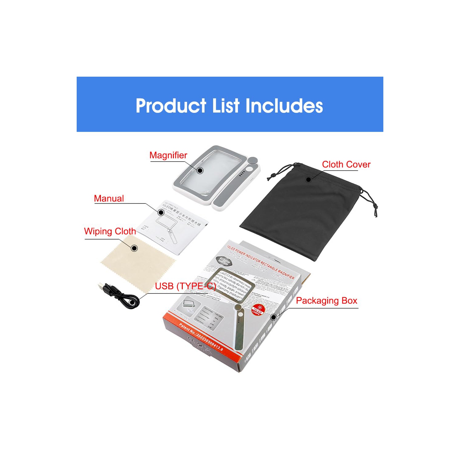 Loupe avec lumière, 4 loupe de lecture légère pour aînés, grande loupe portative pliable avec loupe rechargeable à 10 DEL