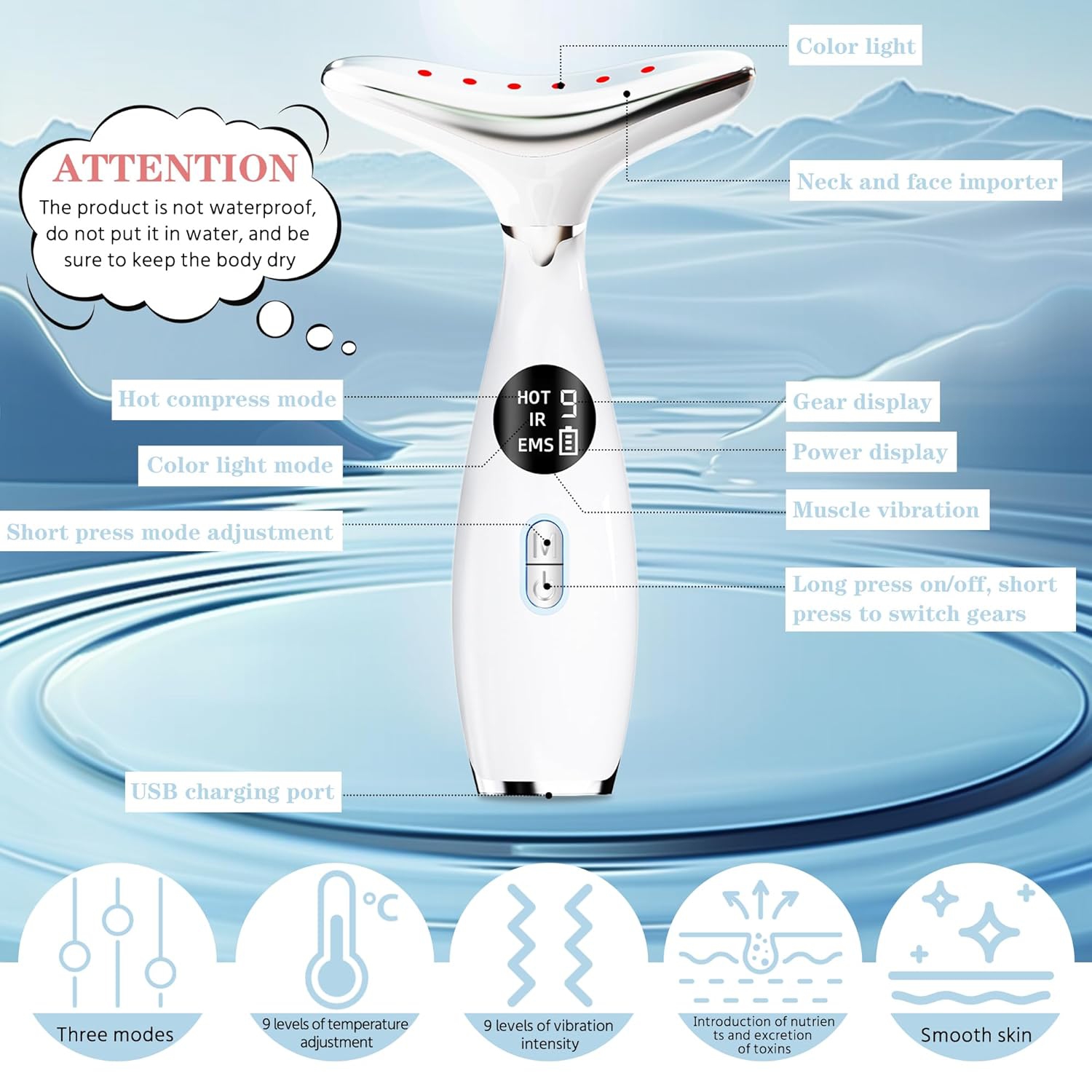 Face & Neck Beauty Massage Wand,3-Mode LED Heating,Facial Sculptor for Skin Care,Red Light Therapy Face Massager for Skin Tightening Lifting