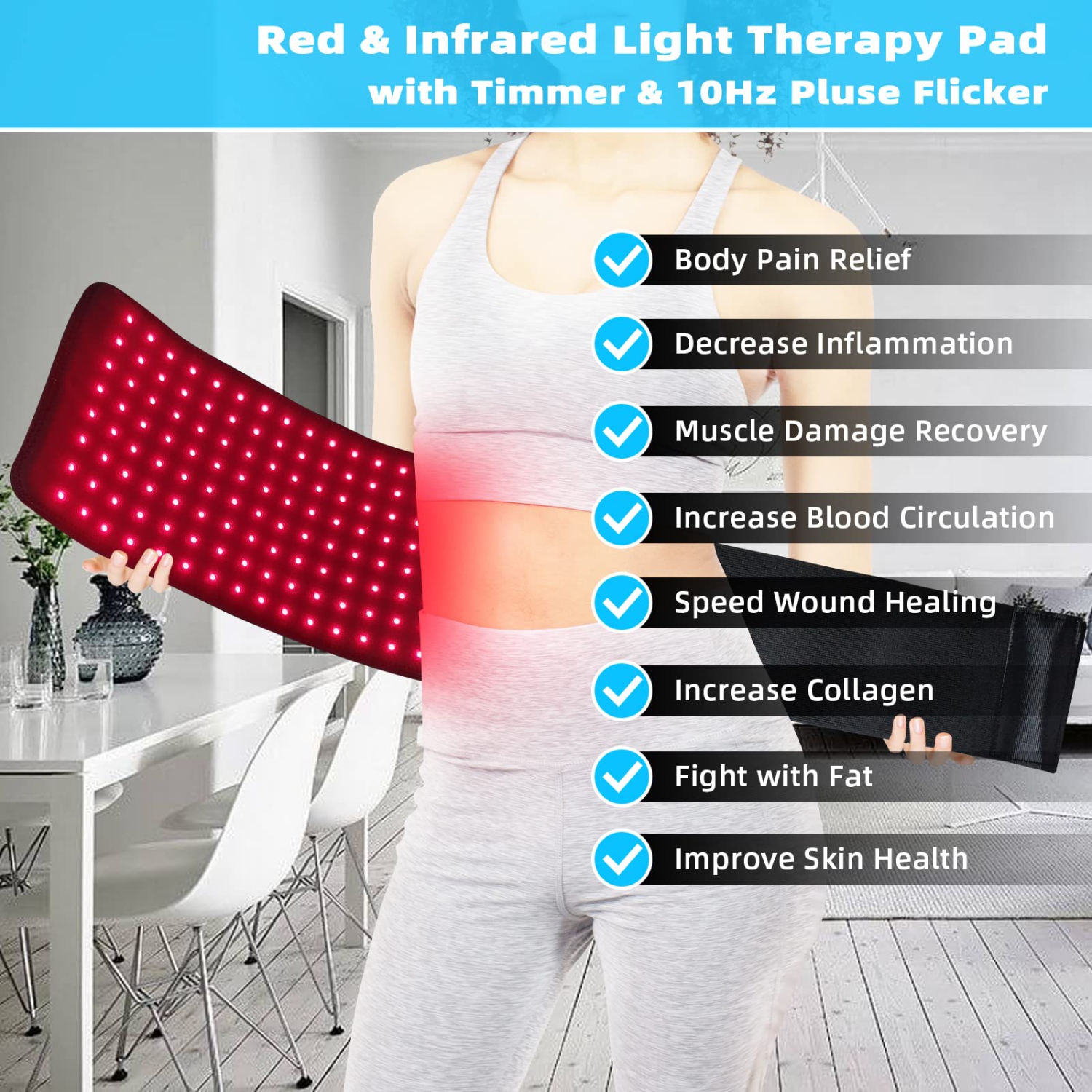 Red Light Therapy Blet, Infrared Light Therapy Pad Wrap for Body Pain Relief Wearable for Waist Back Stomach Muscle Repair LED 660nm&850nm with Timer