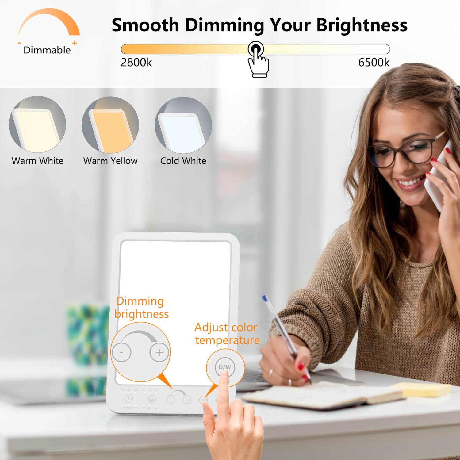 Lampe de luminothérapie LED, lampe solaire LED de 12000 lux sans UV, lampe solaire avec fonction de réveil de 6 minuterie, 5 niveaux de luminosité