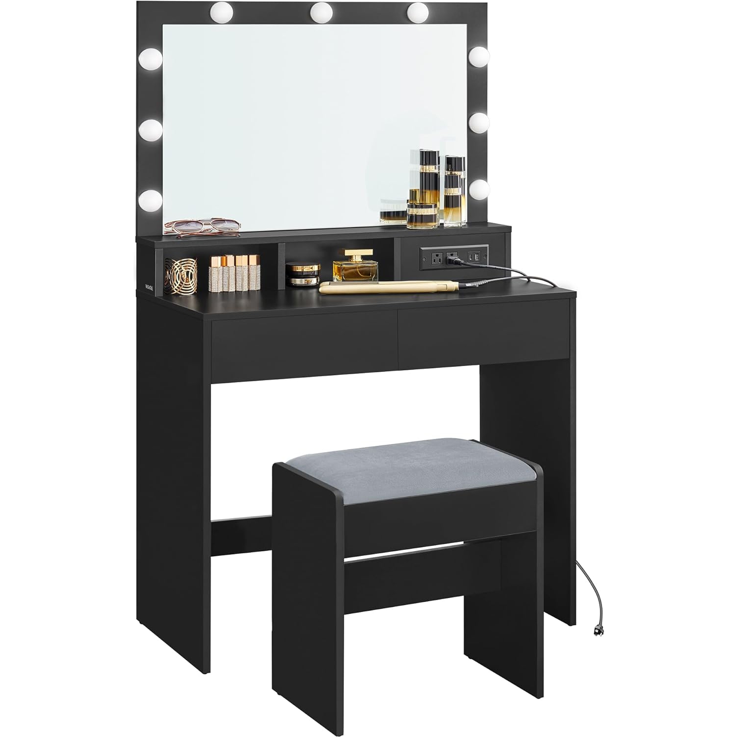 VASAGLE Coiffeuse de maquillage avec miroir et lumières, tabouret rembourré, 9 lampes LED à intensité réglable, 2 compartiments, 2 tiroirs, encre