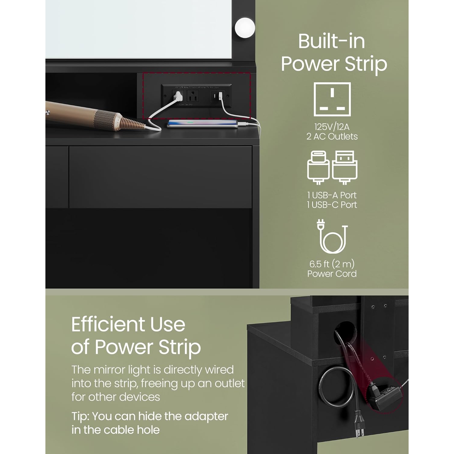 VASAGLE Coiffeuse de maquillage avec miroir et lumières, tabouret rembourré, 9 lampes LED à intensité réglable, 2 compartiments, 2 tiroirs, encre