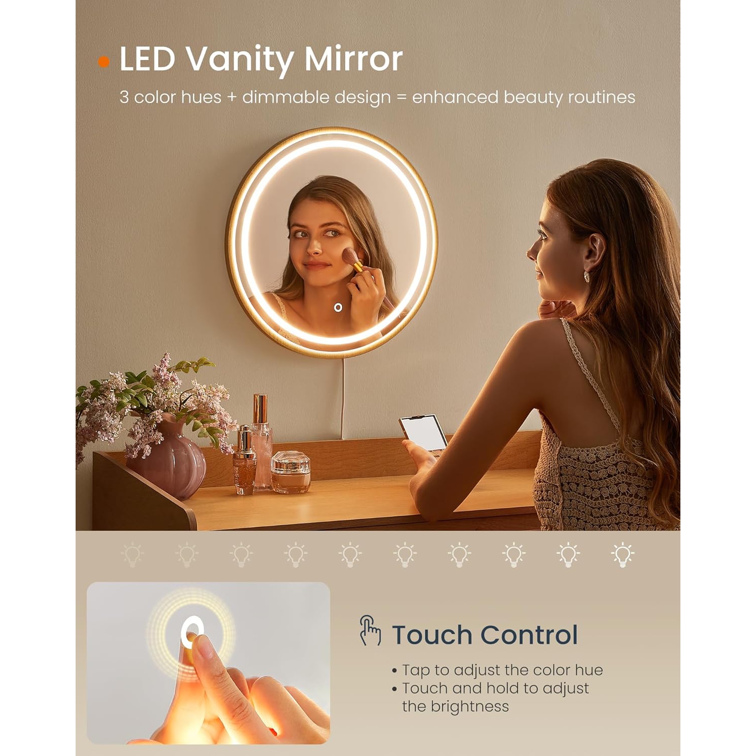 SONGMICS – Meuble-lavabo Boho à 3 tiroirs d'aspect rotin, éclairage à intensité réglable avec 3 réglages de couleur, beige chêne