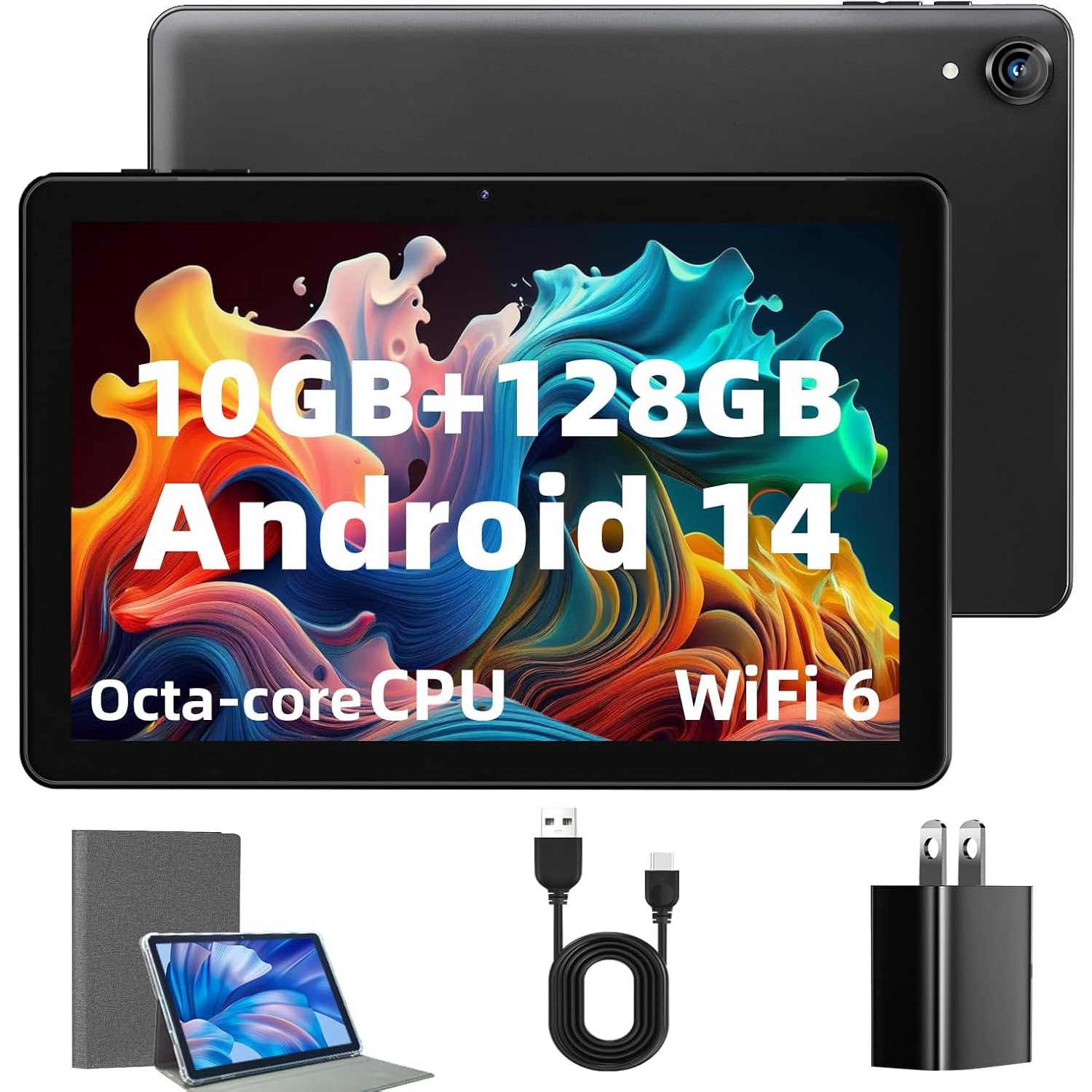 Rebecco 10" Android 14 Tablet, Octa-Core 1.8GHz, 10GB RAM 128GB ROM, 1TB Expandable, Wi-Fi 6, Dual Camera, 6000mAh, Bluetooth 5.3, Widevine L1 – Black