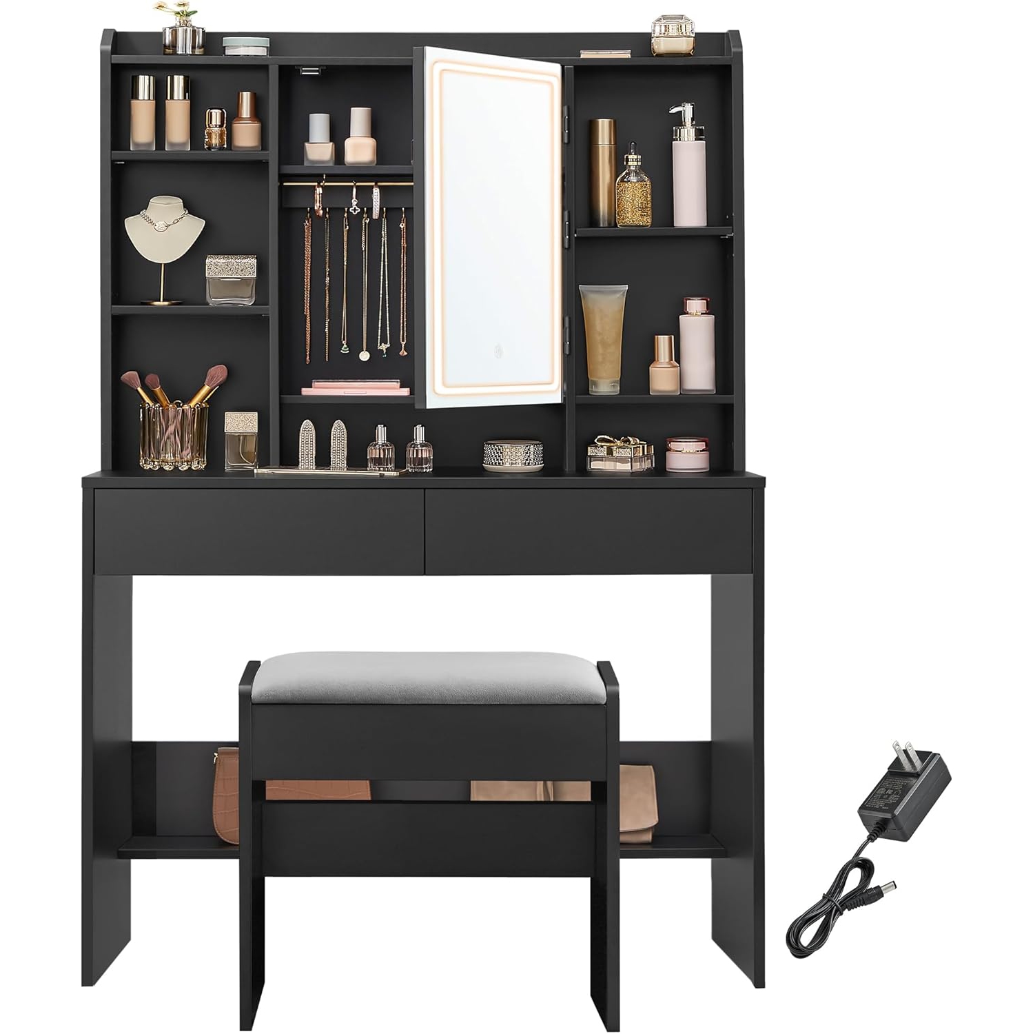 VASAGLE – Meuble-lavabo avec tabouret rembourré, lumières LED à intensité réglable, tablettes réglables, 7 compartiments, 2 tiroirs, Encre noire