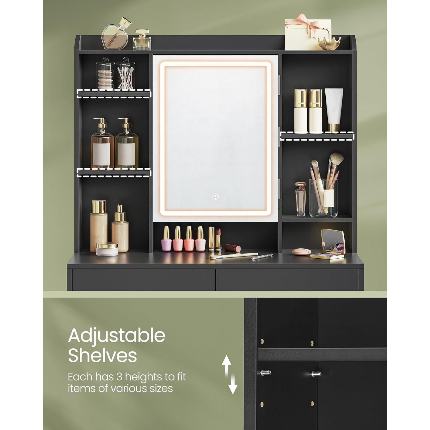 VASAGLE – Meuble-lavabo avec tabouret rembourré, lumières LED à intensité réglable, tablettes réglables, 7 compartiments, 2 tiroirs, Encre noire