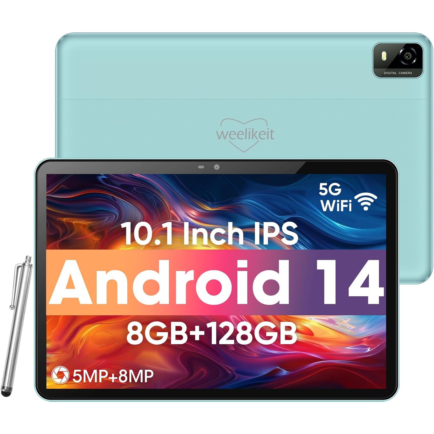 Weelikeit 10.1" Android Tablet - 8GB RAM, 128GB Storage (Expandable to 1TB), 1280x800 HD IPS Display, 6000mAh Battery, 5G WiFi 6, Bluetooth 5.0, Dual 5MP+8MP Cameras