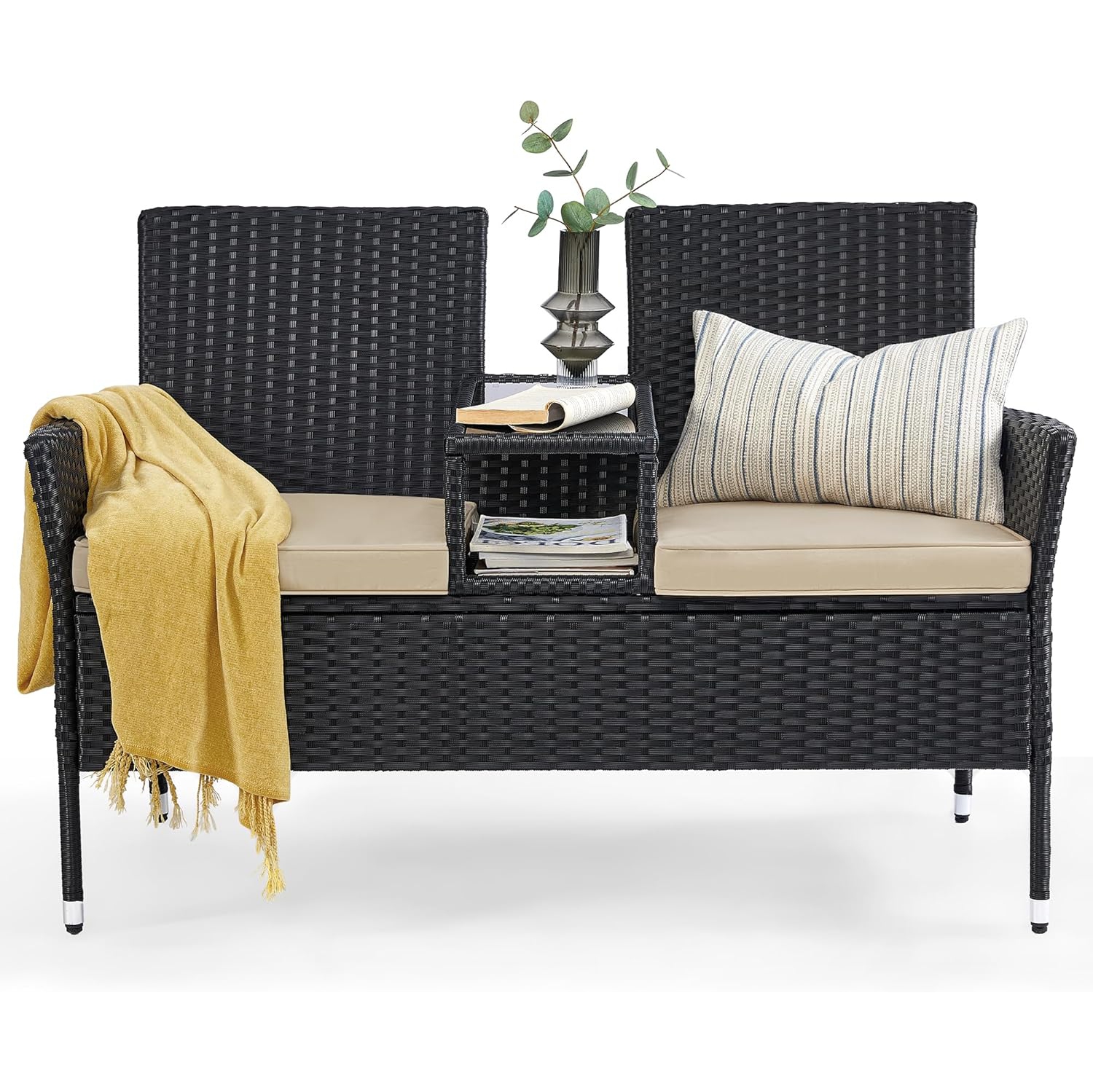 Causeuse de jardin d'extérieur en rotin PE avec table de SONGMICS – Ensemble fauteuil et canapé avec coussins en noir et taupe