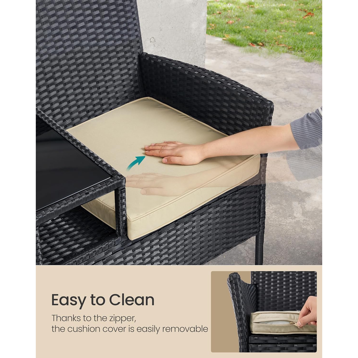 Causeuse de jardin d'extérieur en rotin PE avec table de SONGMICS – Ensemble fauteuil et canapé avec coussins en noir et taupe