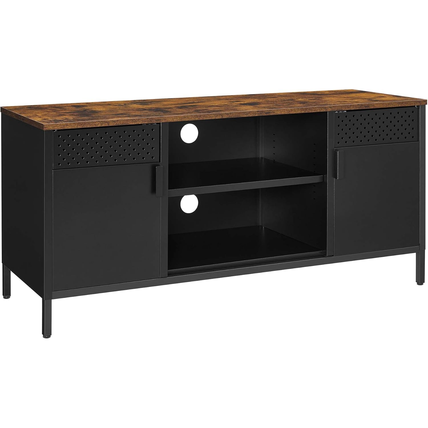 SONGMICS TV Stand for Up to 55 Inches – Rustic Brown and Black TV Cabinet with Doors and Adjustable Shelves